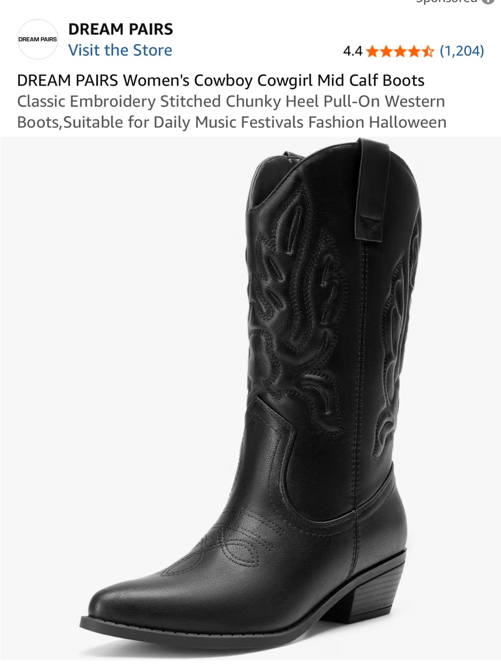 Dream Pairs Black Western Embroidered Mid-Calf Heeled Boots